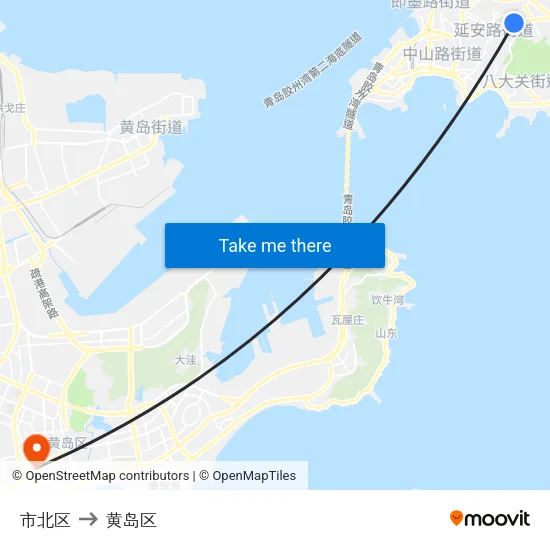 市北区 to 黄岛区 map