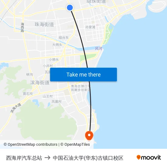 西海岸汽车总站 to 中国石油大学(华东)古镇口校区 map
