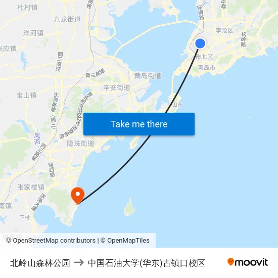 北岭山森林公园 to 中国石油大学(华东)古镇口校区 map
