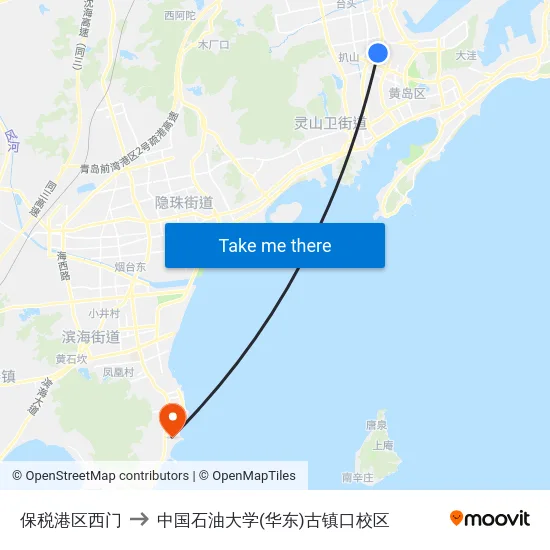 保税港区西门 to 中国石油大学(华东)古镇口校区 map