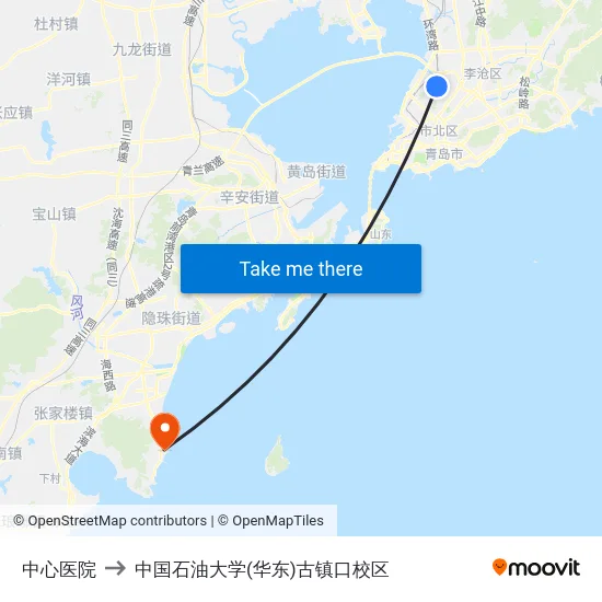中心医院 to 中国石油大学(华东)古镇口校区 map