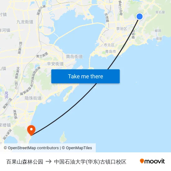 百果山森林公园 to 中国石油大学(华东)古镇口校区 map