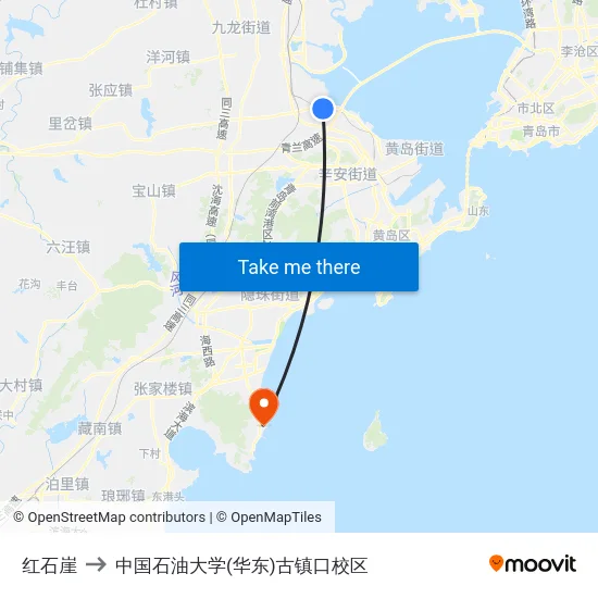 红石崖 to 中国石油大学(华东)古镇口校区 map