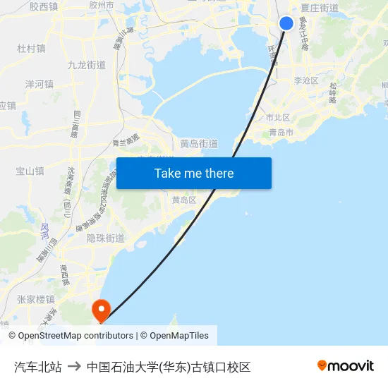 汽车北站 to 中国石油大学(华东)古镇口校区 map