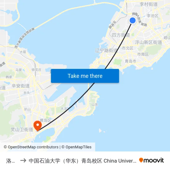洛阳路 to 中国石油大学（华东）青岛校区 China University Of Petroleum map