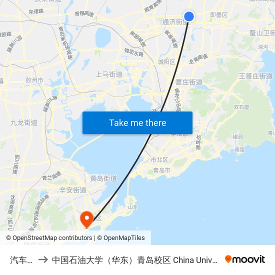 汽车总站 to 中国石油大学（华东）青岛校区 China University Of Petroleum map