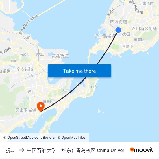 抚顺路 to 中国石油大学（华东）青岛校区 China University Of Petroleum map