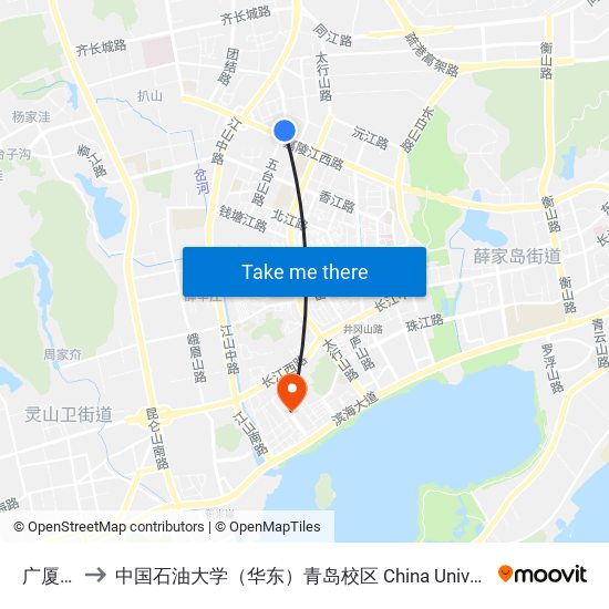 广厦花园 to 中国石油大学（华东）青岛校区 China University Of Petroleum map