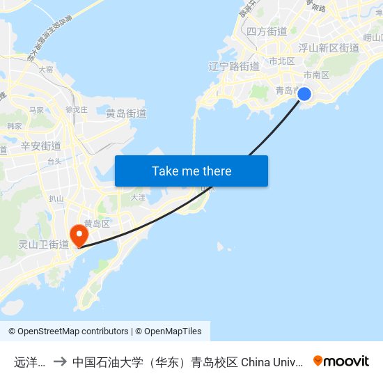 远洋广场 to 中国石油大学（华东）青岛校区 China University Of Petroleum map