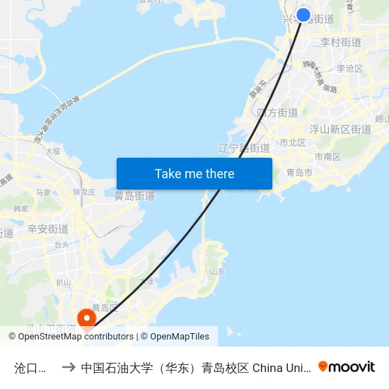 沧口体育场 to 中国石油大学（华东）青岛校区 China University Of Petroleum map