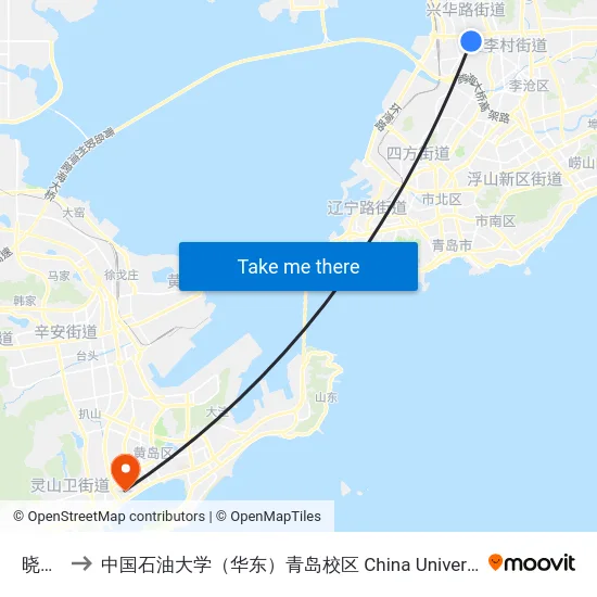 晓翁村 to 中国石油大学（华东）青岛校区 China University Of Petroleum map