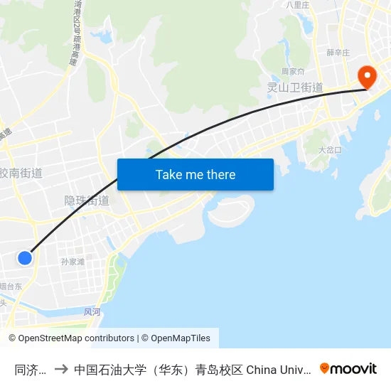 同济医院 to 中国石油大学（华东）青岛校区 China University Of Petroleum map