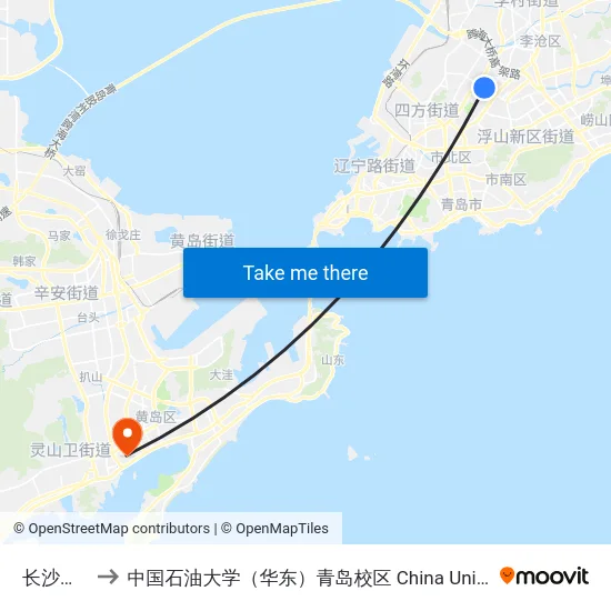 长沙小区西 to 中国石油大学（华东）青岛校区 China University Of Petroleum map
