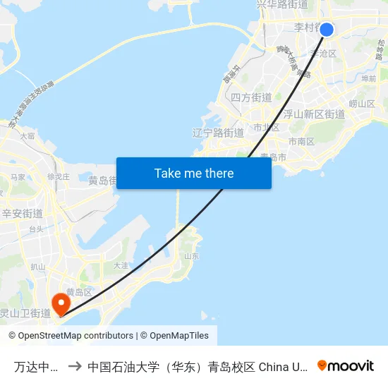 万达中央广场 to 中国石油大学（华东）青岛校区 China University Of Petroleum map
