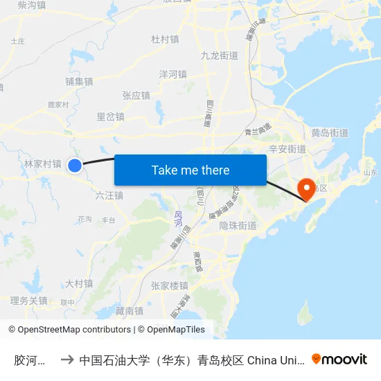 胶河换乘站 to 中国石油大学（华东）青岛校区 China University Of Petroleum map