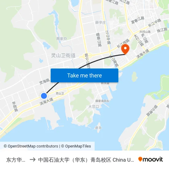 东方华庭北门 to 中国石油大学（华东）青岛校区 China University Of Petroleum map