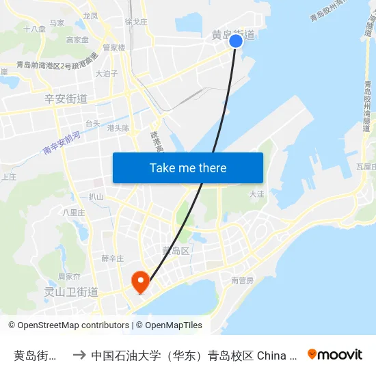 黄岛街道办事处 to 中国石油大学（华东）青岛校区 China University Of Petroleum map
