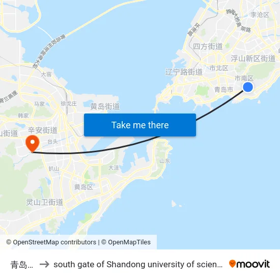 青岛大学 to south gate of Shandong university of science and technology map