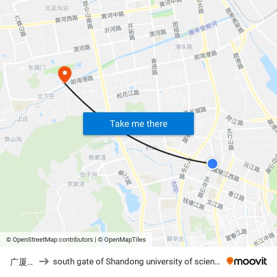 广厦花园 to south gate of Shandong university of science and technology map