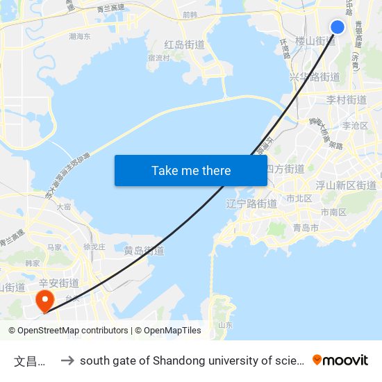 文昌路北站 to south gate of Shandong university of science and technology map