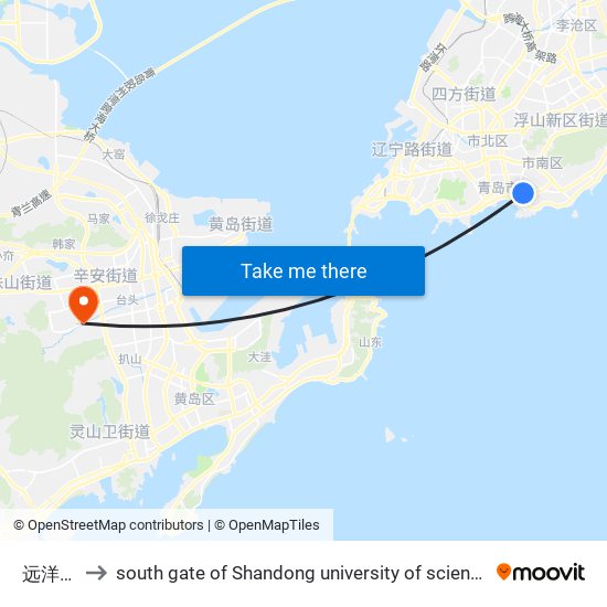 远洋广场 to south gate of Shandong university of science and technology map