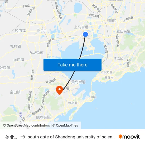 创业中心 to south gate of Shandong university of science and technology map