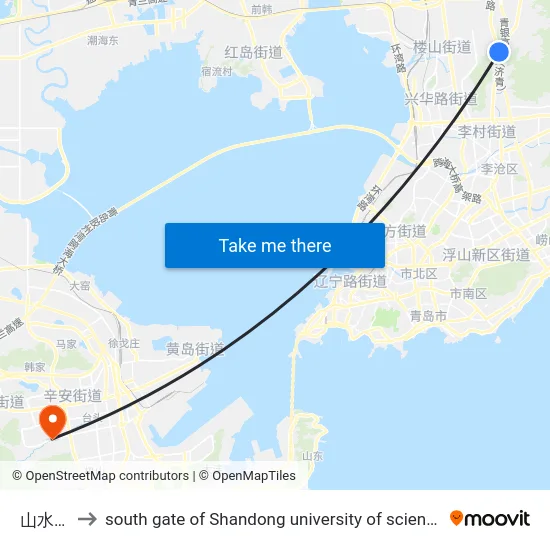 山水嘉园 to south gate of Shandong university of science and technology map