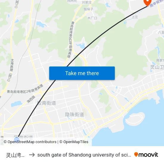 灵山湾路小学 to south gate of Shandong university of science and technology map