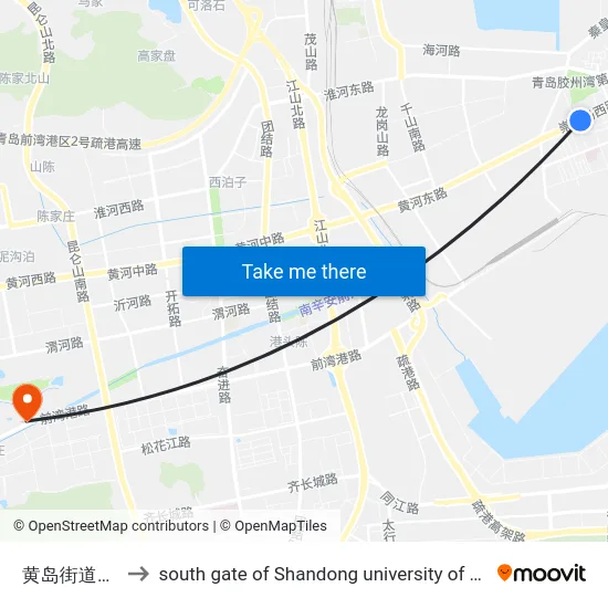 黄岛街道服务中心 to south gate of Shandong university of science and technology map