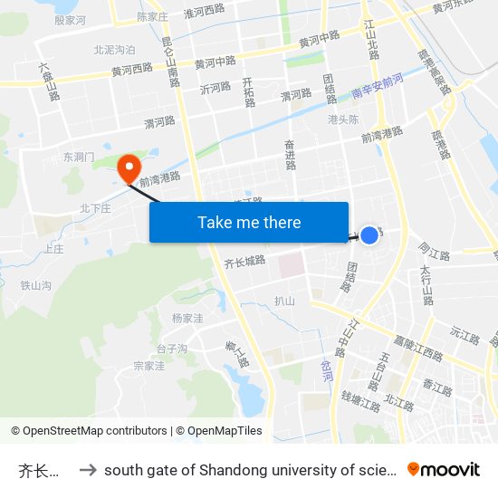 齐长城路东 to south gate of Shandong university of science and technology map