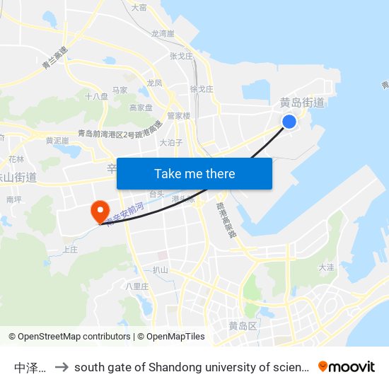 中泽国货 to south gate of Shandong university of science and technology map