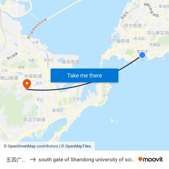 五四广场西站 to south gate of Shandong university of science and technology map