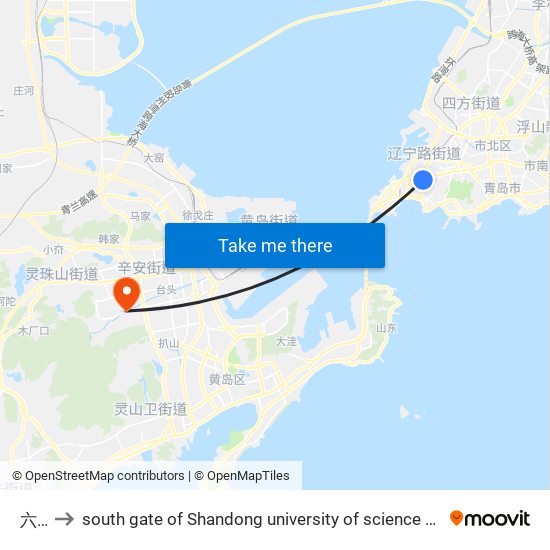 六中 to south gate of Shandong university of science and technology map