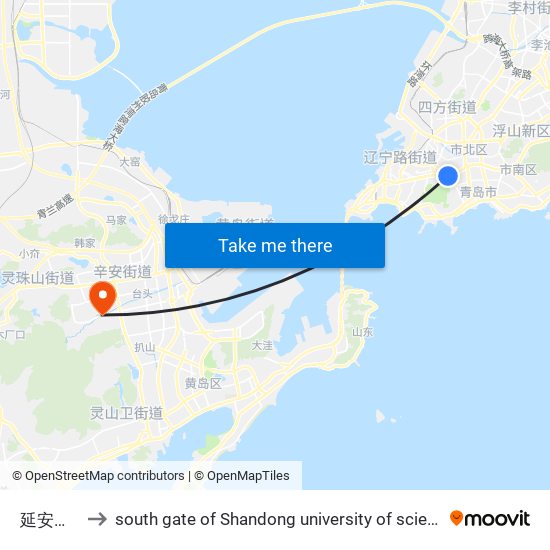延安路南站 to south gate of Shandong university of science and technology map