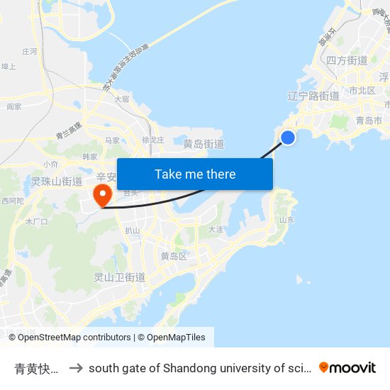 青黄快船码头 to south gate of Shandong university of science and technology map