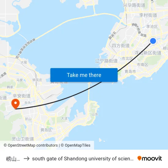 崂山一中 to south gate of Shandong university of science and technology map