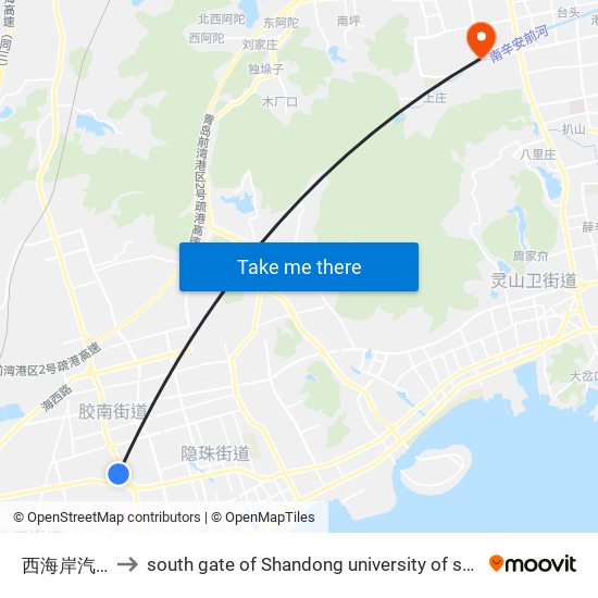 西海岸汽车总站 to south gate of Shandong university of science and technology map