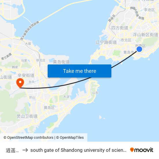 逍遥二路 to south gate of Shandong university of science and technology map