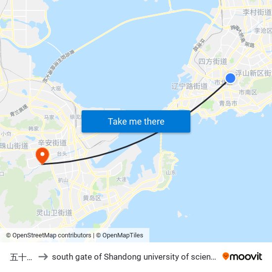 五十三中 to south gate of Shandong university of science and technology map