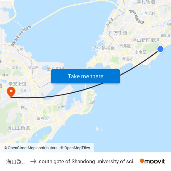 海口路海安路 to south gate of Shandong university of science and technology map