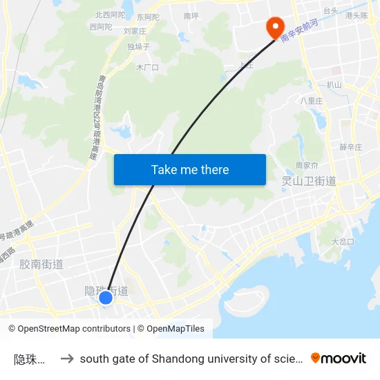隐珠办事处 to south gate of Shandong university of science and technology map