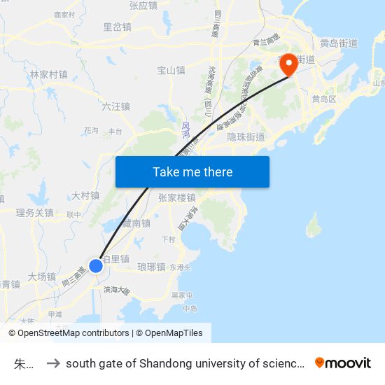 朱家河 to south gate of Shandong university of science and technology map