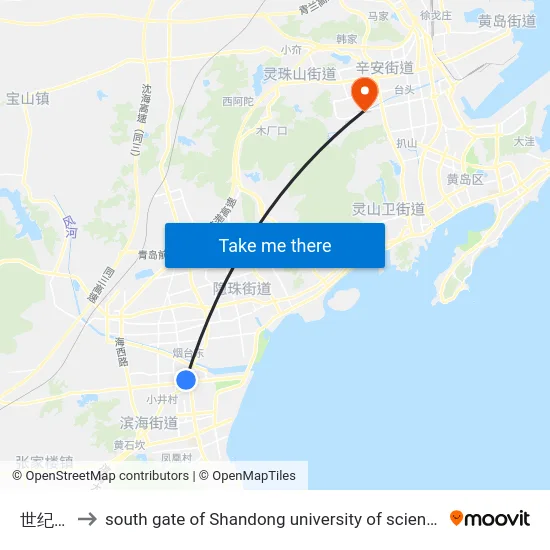 世纪大道 to south gate of Shandong university of science and technology map