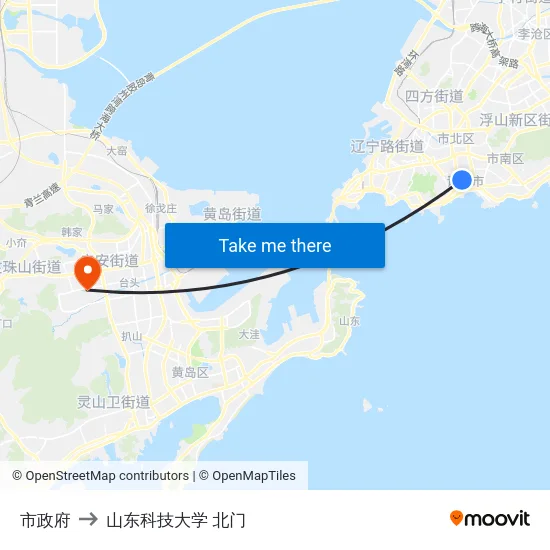 市政府 to 山东科技大学 北门 map