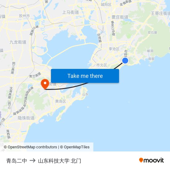 青岛二中 to 山东科技大学 北门 map
