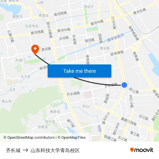 齐长城 to 山东科技大学青岛校区 map