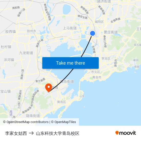 李家女姑西 to 山东科技大学青岛校区 map