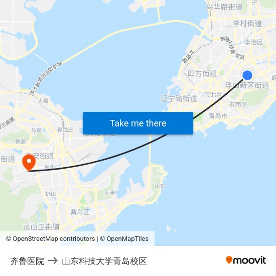 齐鲁医院 to 山东科技大学青岛校区 map