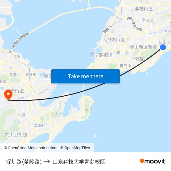 深圳路(苗岭路) to 山东科技大学青岛校区 map