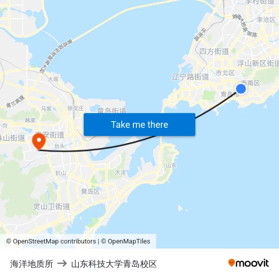 海洋地质所 to 山东科技大学青岛校区 map